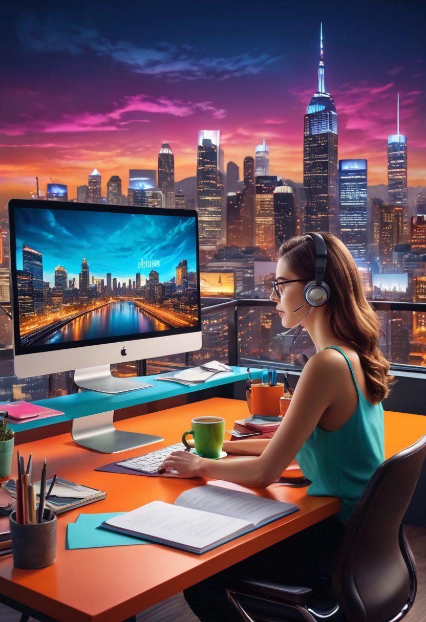 A captivating digital scene showing a person sitting at a sleek desk, surrounded by floating screens displaying colorful graphics and text of a vibrant blog. The background features a dreamy city skyline, symbolizing the digital world. Include elements like a cup of coffee, notebooks, and creative tools that inspire storytelling. The atmosphere should feel dynamic and inviting, captivating the essence of blogging success. super-realistic. vibrant colors. 3D.