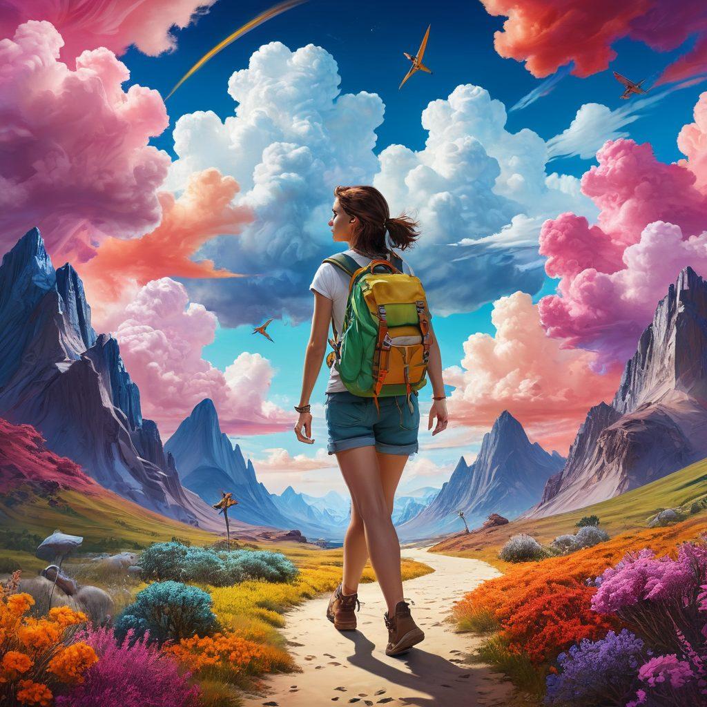 An adventurous explorer navigating a colorful, abstract landscape made of blog posts and tools, with digital gadgets like laptops and smartphones integrated into the environment. Bright, whimsical clouds representing creativity float above, while a winding path leads through vibrant genres of blogging. The explorer, a young woman, carries a backpack filled with writing tools and a notepad, symbolizing the journey of a creator. surrealistic, vibrant colors, dynamic composition.