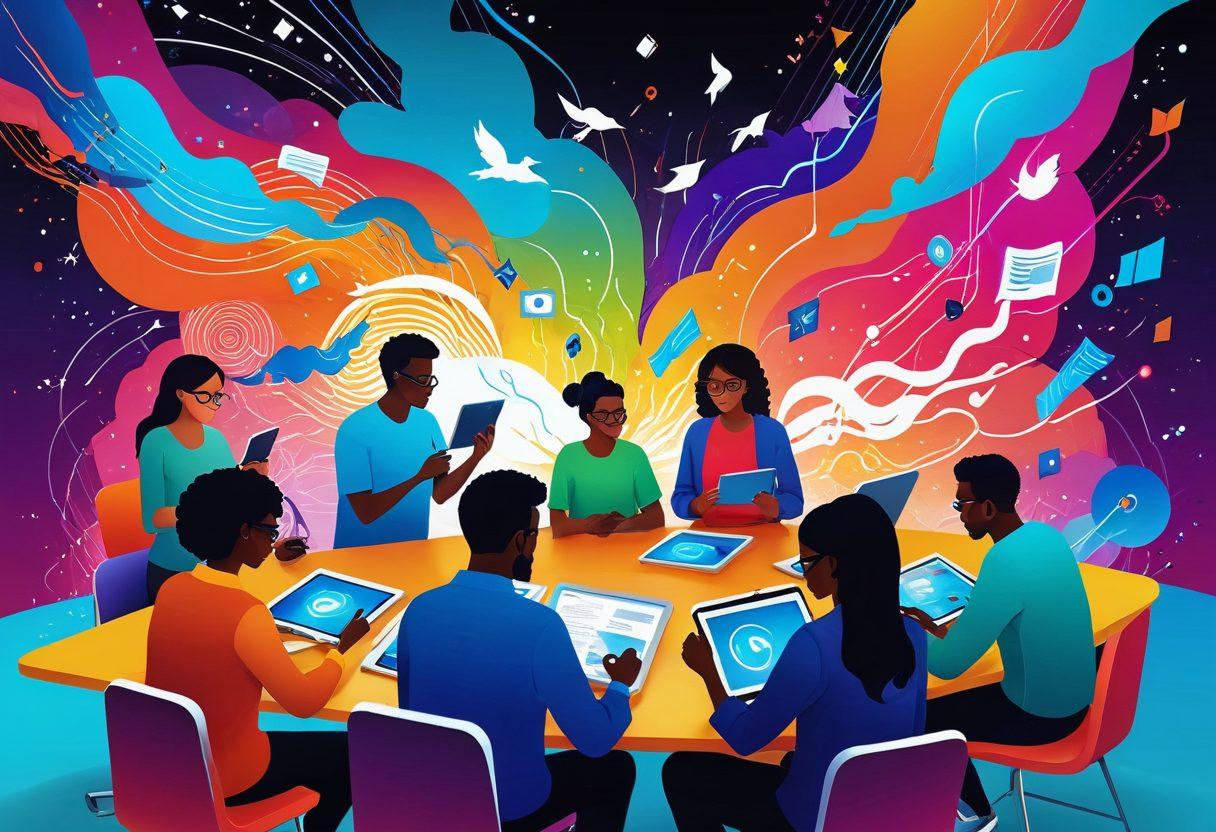 A dynamic scene showcasing a diverse group of people engaging with digital devices, surrounded by vivid storytelling elements like books, screens displaying animations, and social media icons. The backdrop features an abstract representation of a digital landscape, symbolizing connection and interaction. Bright, uplifting colors convey creativity and engagement. super-realistic. vibrant colors. dynamic composition.